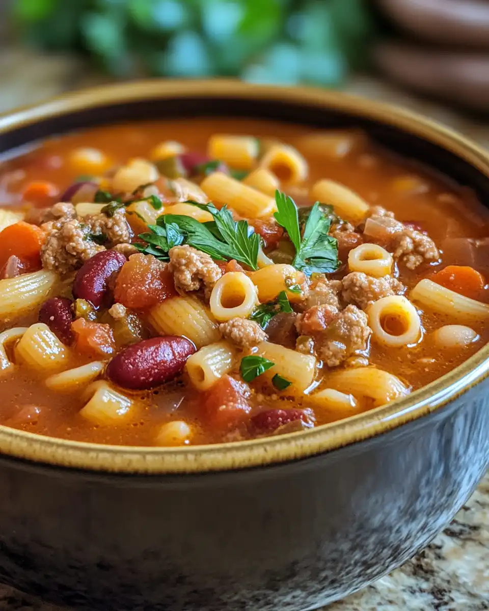 Ingredients for Pasta e Fagioli soup including ground beef, beans, vegetables and seasonings