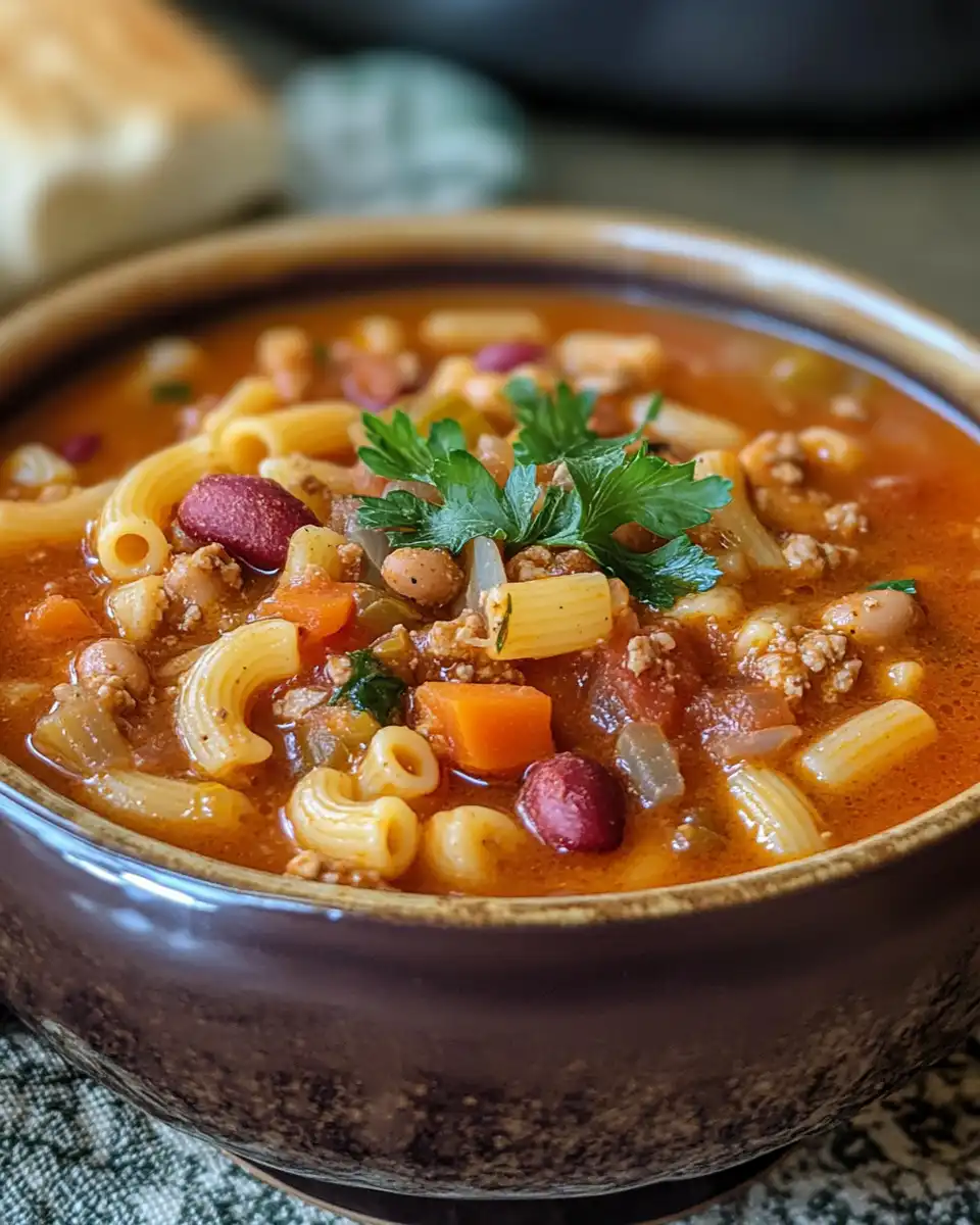 Final plated bowl of Pasta e Fagioli soup garnished with fresh basil