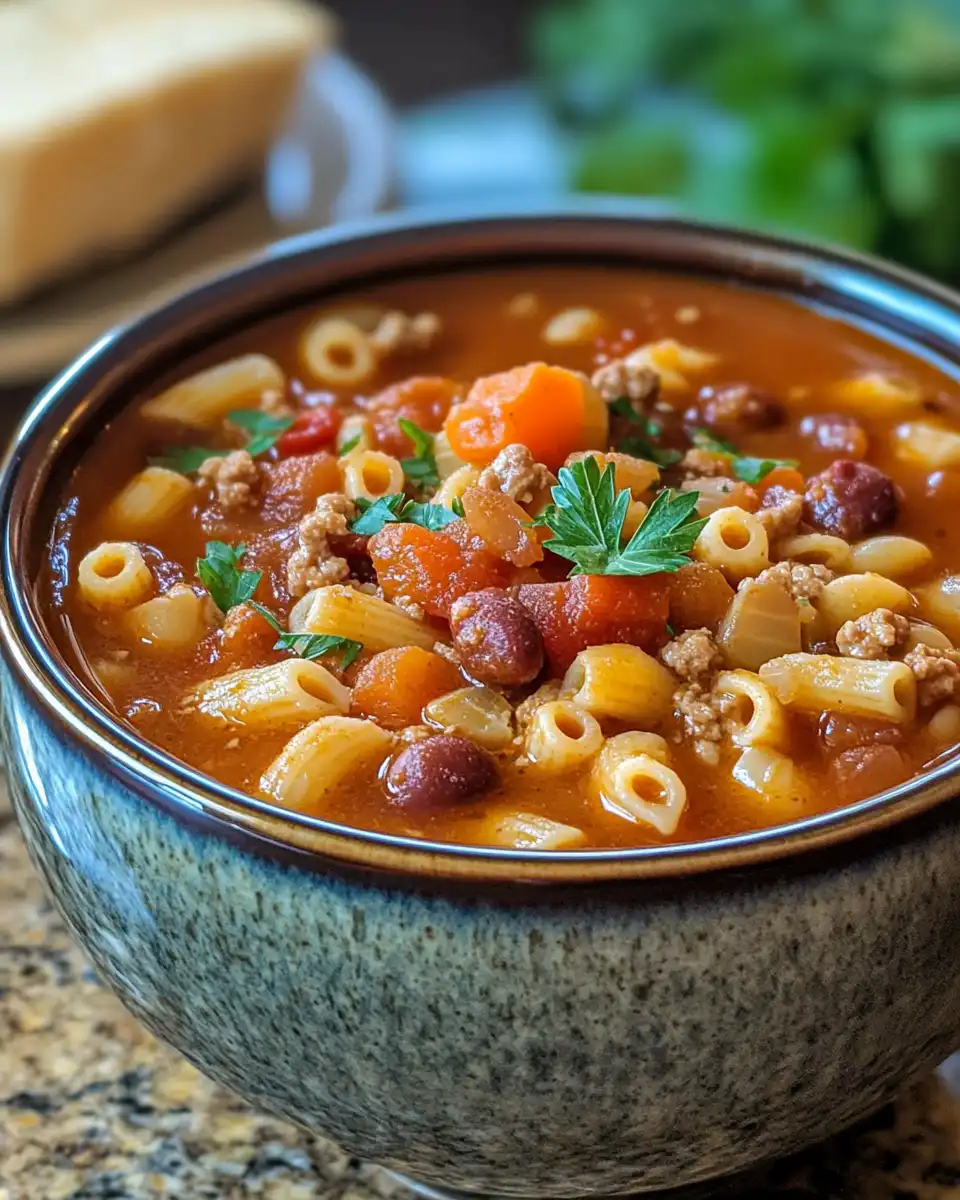 Close up of simmering Pasta e Fagioli soup in pressure cooker showing tomato broth and beans