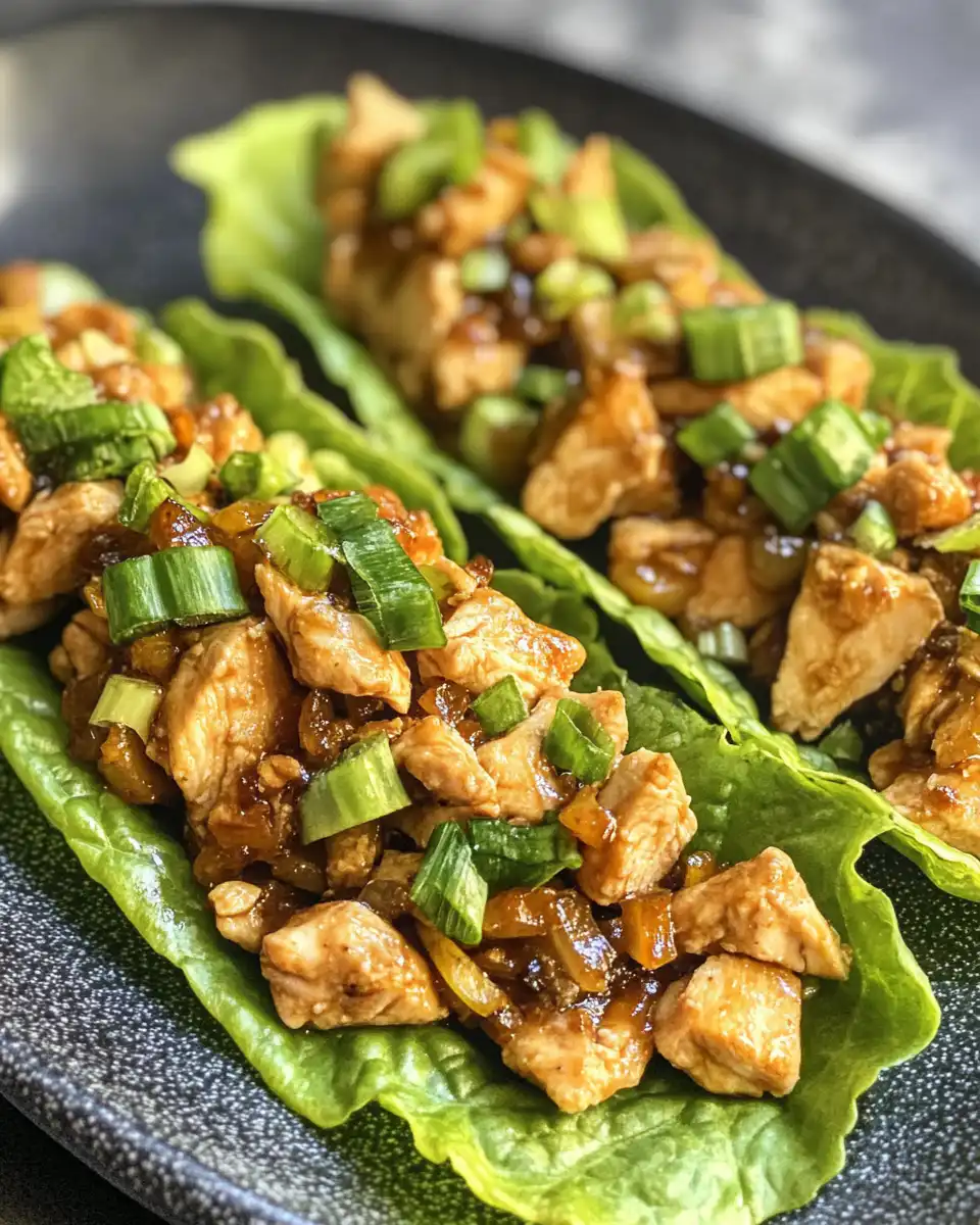 Finished chicken lettuce wraps served with sesame oil drizzle