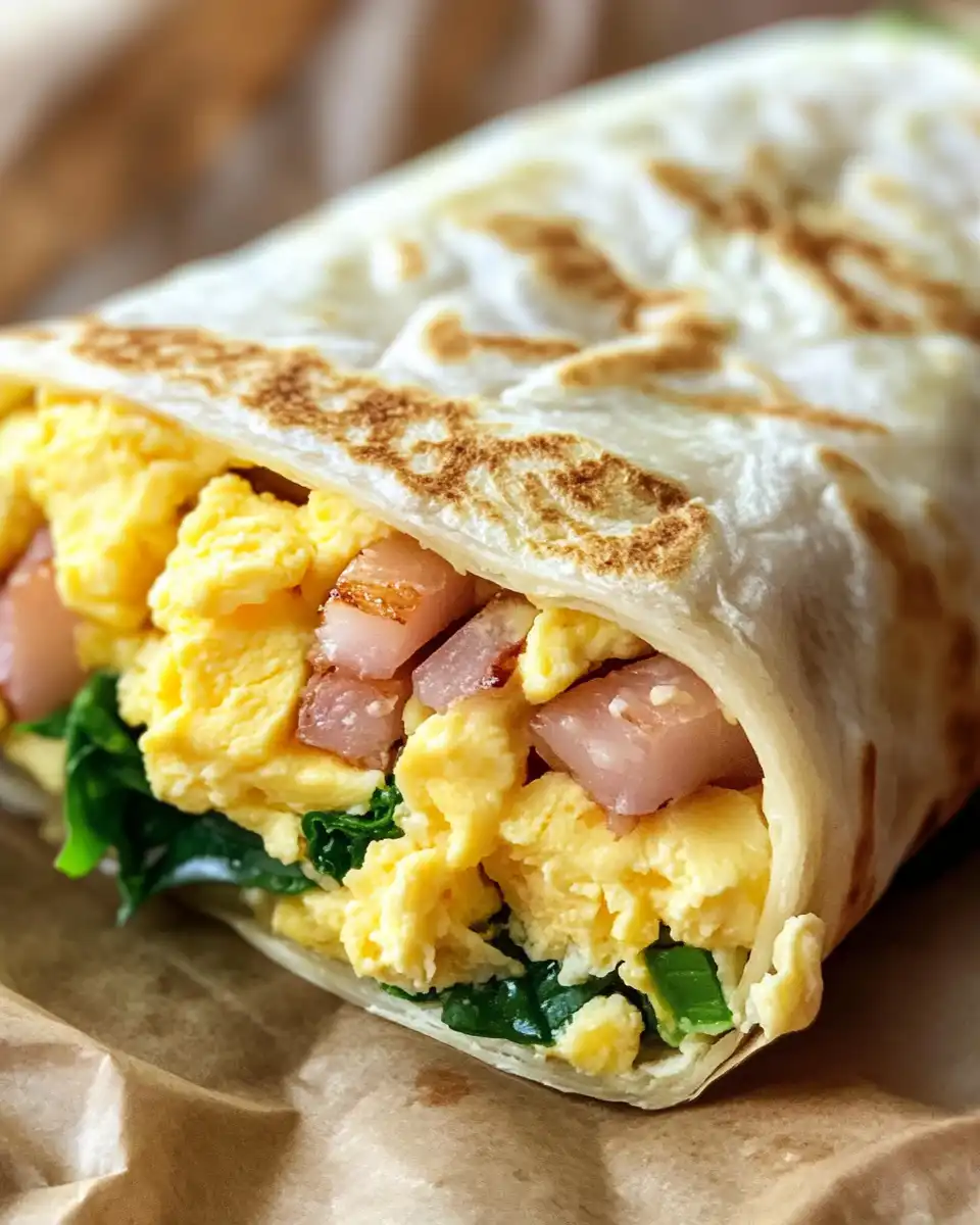 Final rolled spinach and feta egg white breakfast wrap on a plate