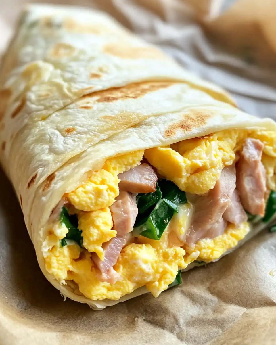 Close-up of spinach and feta breakfast wrap steaming hot in the kitchen