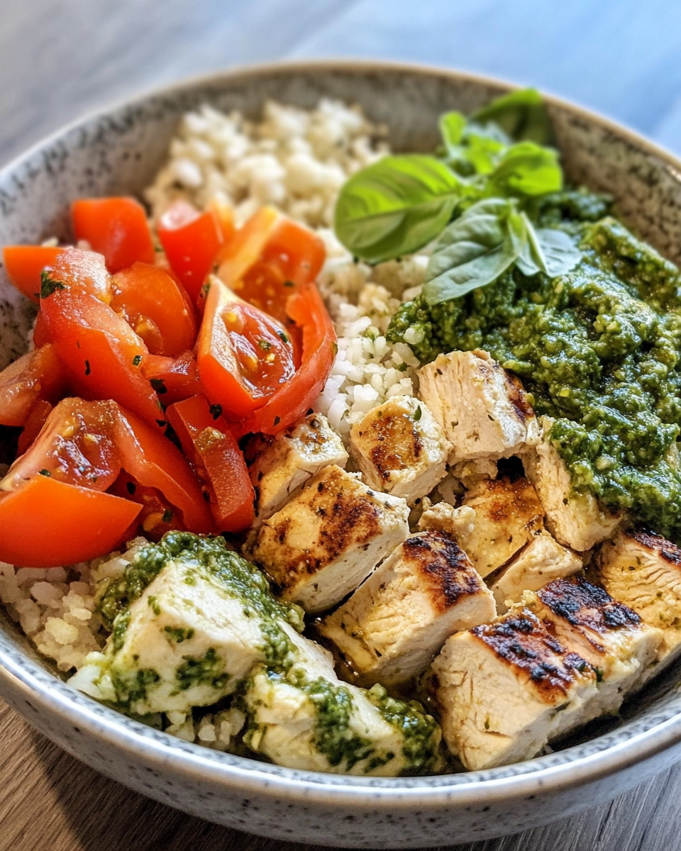 Ingredients for pressure cooker chicken pesto parmesan bowl including quinoa and fresh basil