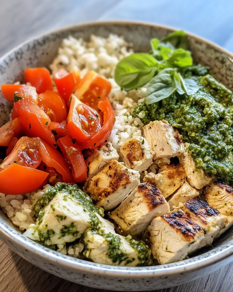 Ingredients for pressure cooker chicken pesto parmesan bowl including quinoa and fresh basil