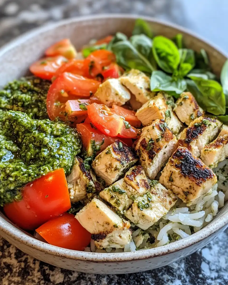 Final plated chicken pesto parmesan bowl with crispy bread cubes