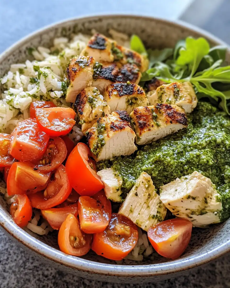 Close-up of pressure cooker chicken pesto parmesan bowl ready to eat