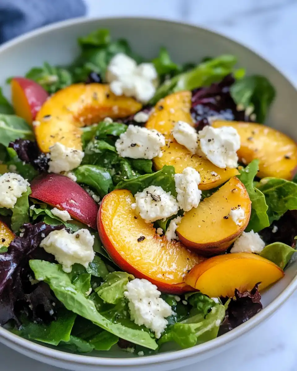 Mixed Sweetgreen Peach and Goat Cheese Salad bowl with chicken strips ready to serve