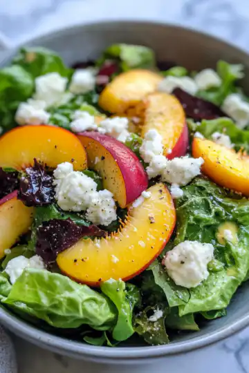 Copycat Sweetgreen Peach & Goat Cheese Salad taken with iphone 15 pro max --iw 2 --ar 4:5 --v 6.1 --raw