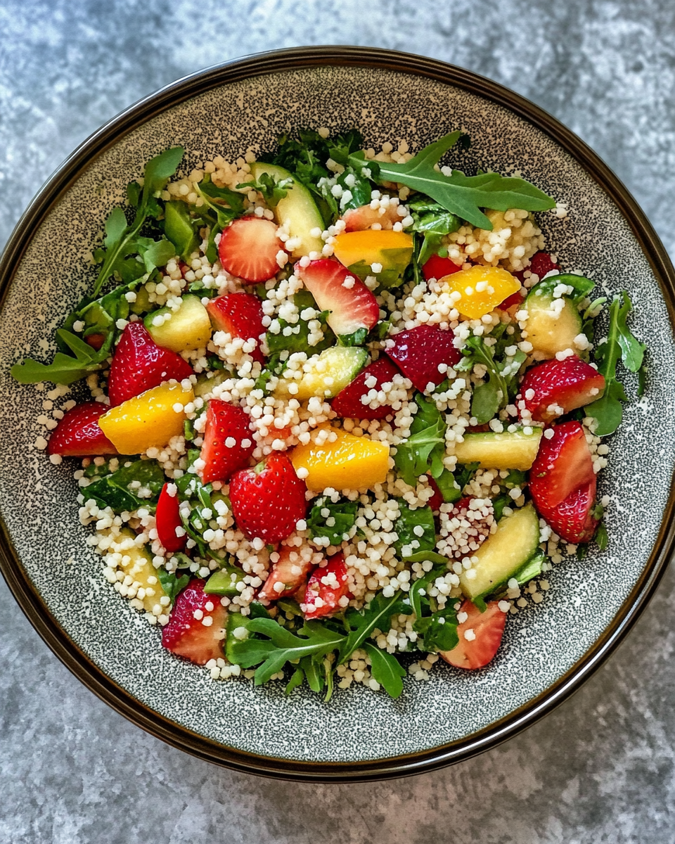 Ingredients for couscous salad with fruit and herbs in bowls