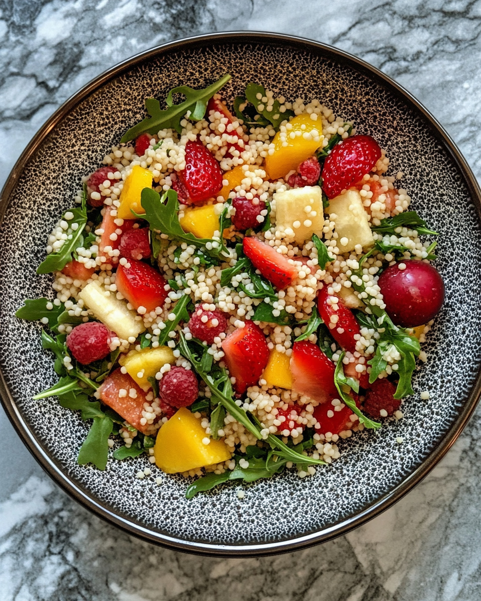 Final plated couscous salad with fresh fruit and herbs ready to serve