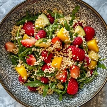 Couscous Salad With Summer Fruit And Arugula taken with iphone 15 pro max --iw 2 --ar 4:5 --v 6.1 --raw