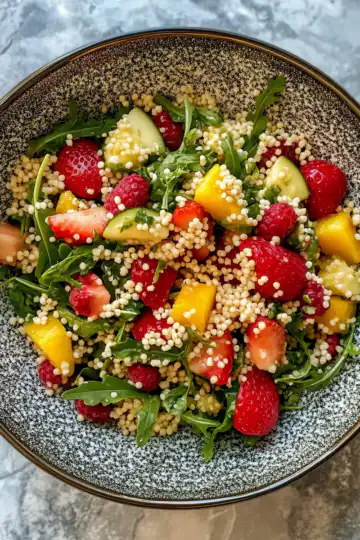 Couscous Salad With Summer Fruit And Arugula taken with iphone 15 pro max --iw 2 --ar 4:5 --v 6.1 --raw
