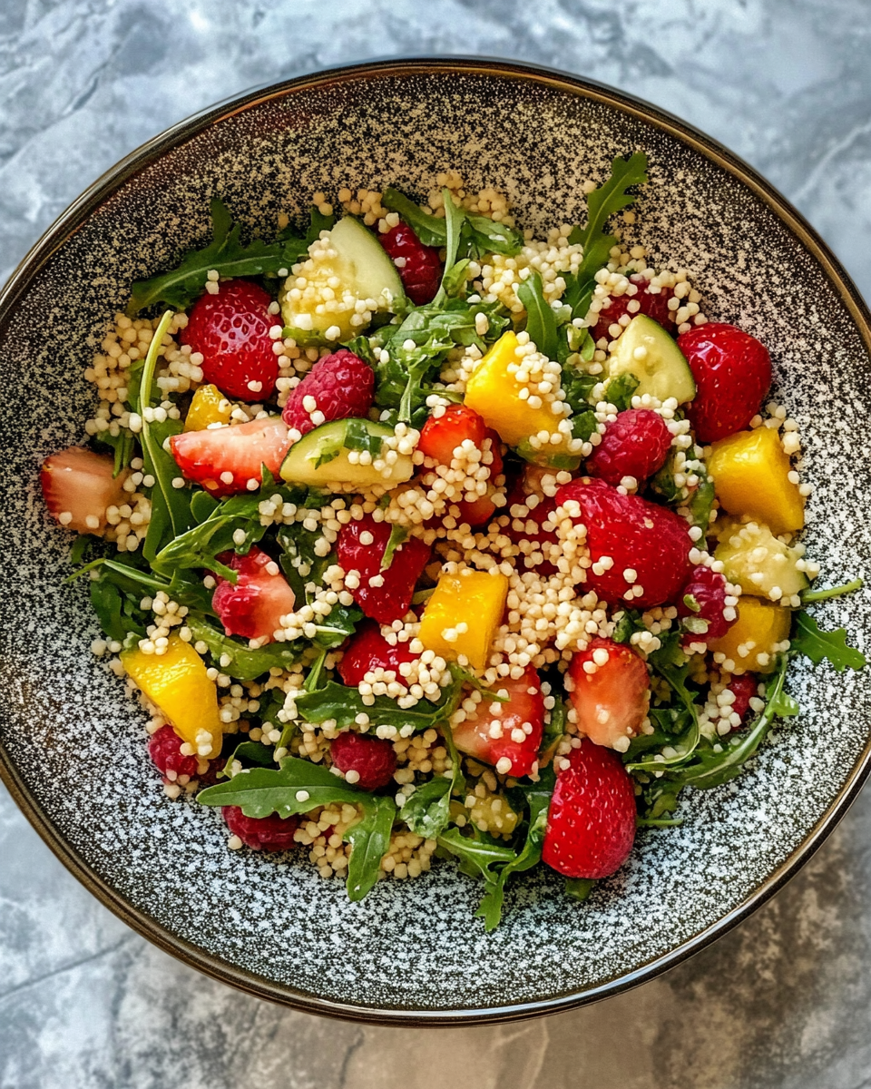 Fluffy couscous salad with fresh summer fruit and arugula