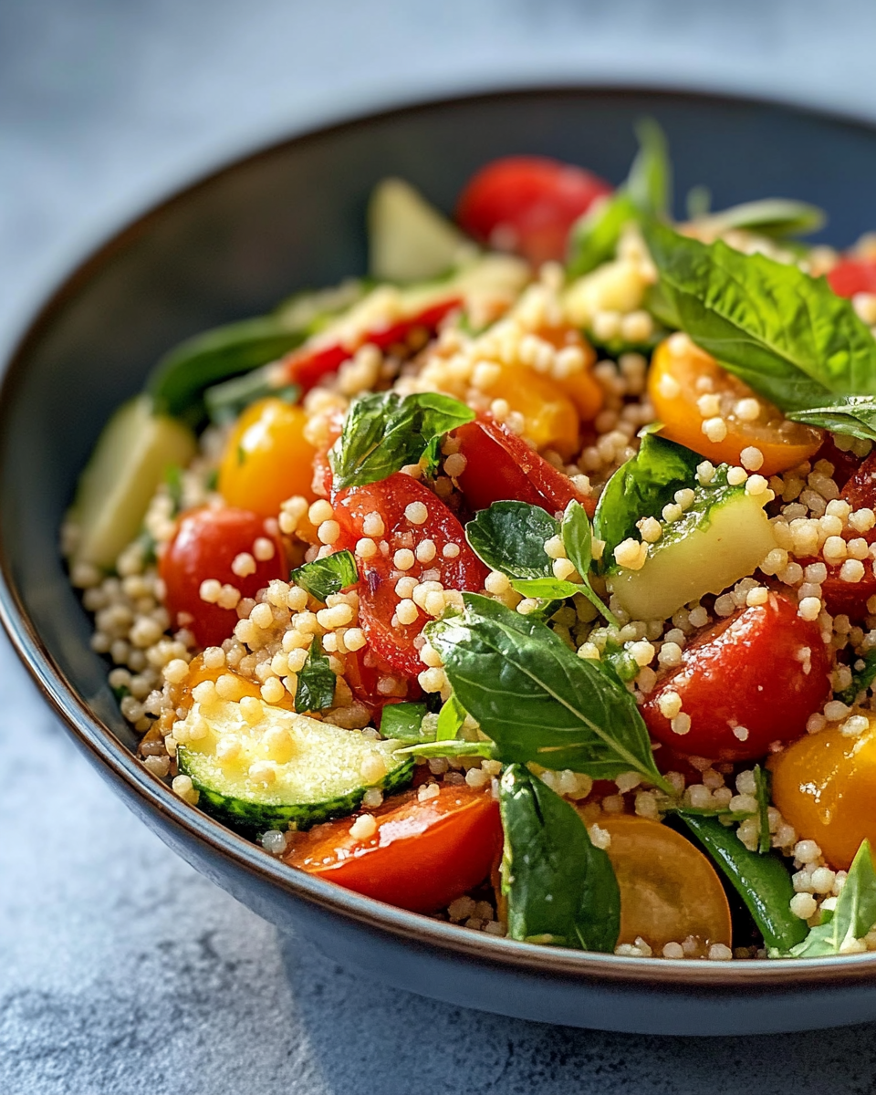 Ingredients for summer couscous salad including fresh peaches, sweet corn, tomatoes, and herbs