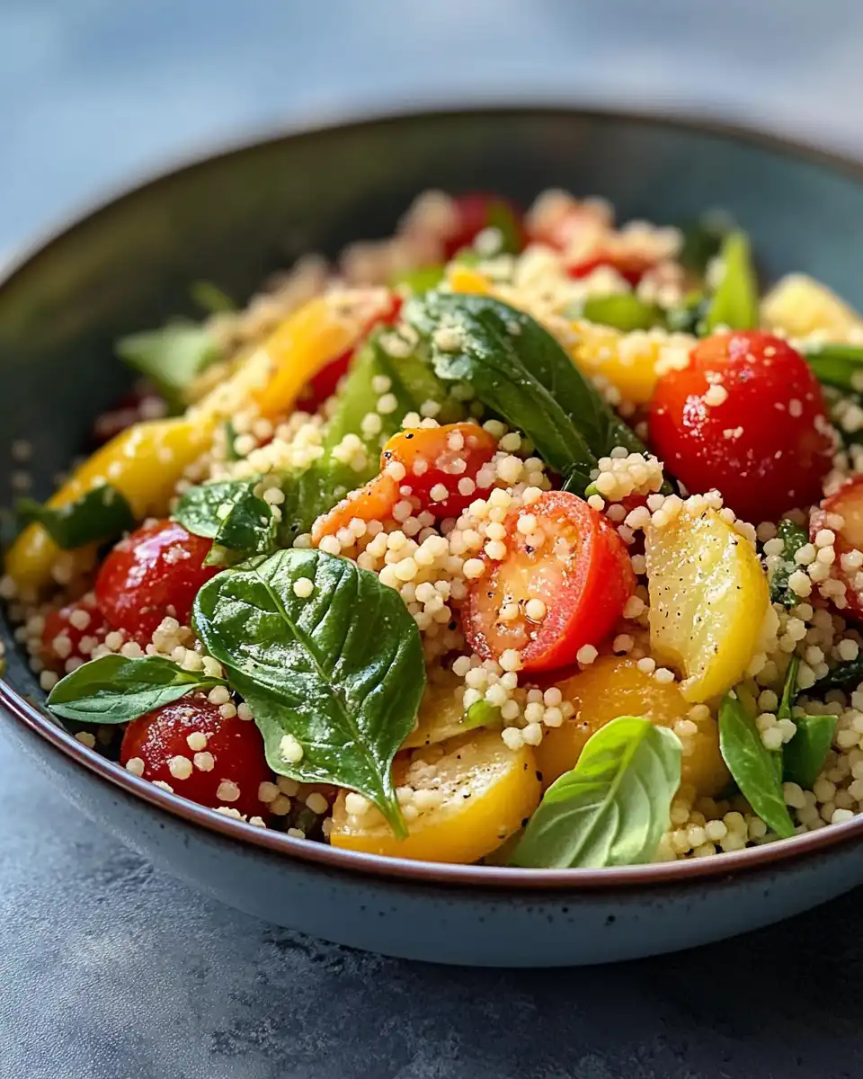Served summer couscous salad in bowl garnished with herbs and lemon