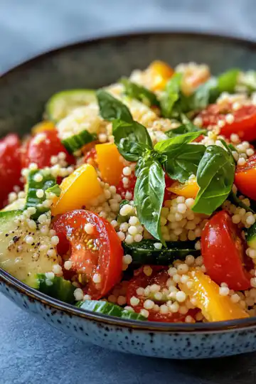 Couscous Summer Salad taken with iphone 15 pro max --iw 2 --ar 4:5 --v 6.1 --raw