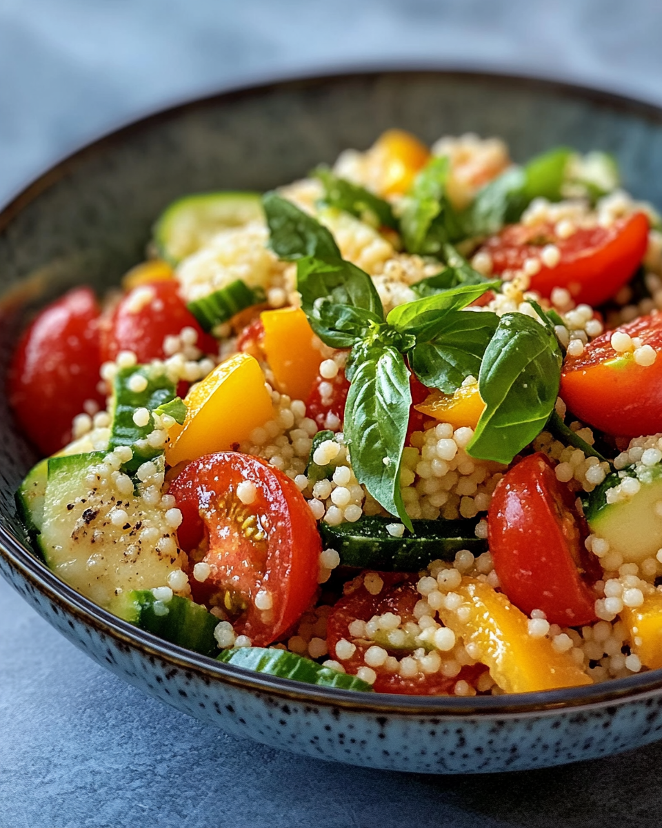 Fresh Summer Couscous Salad with peaches, sweet corn, and herbs