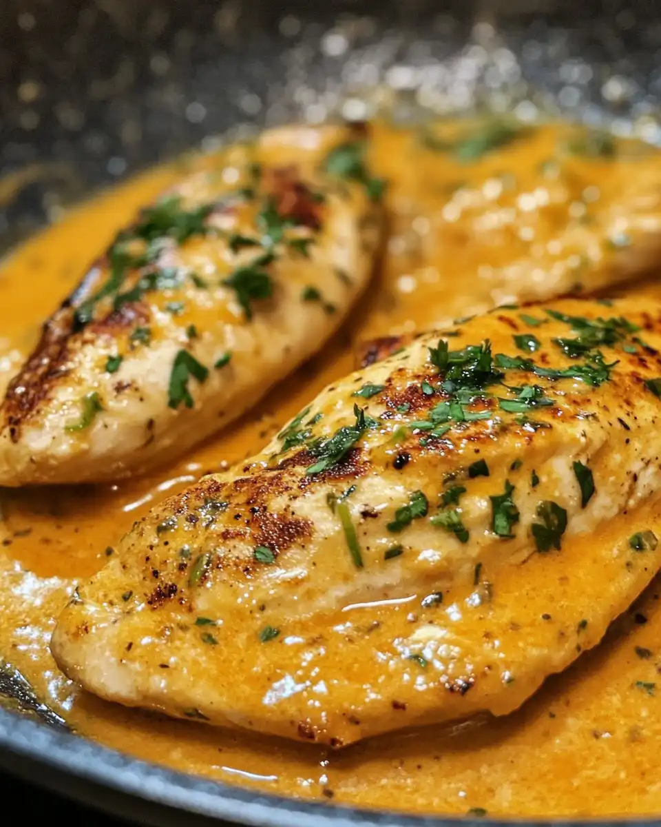 Cooking creamy sauce with butter and heavy cream in skillet for chicken