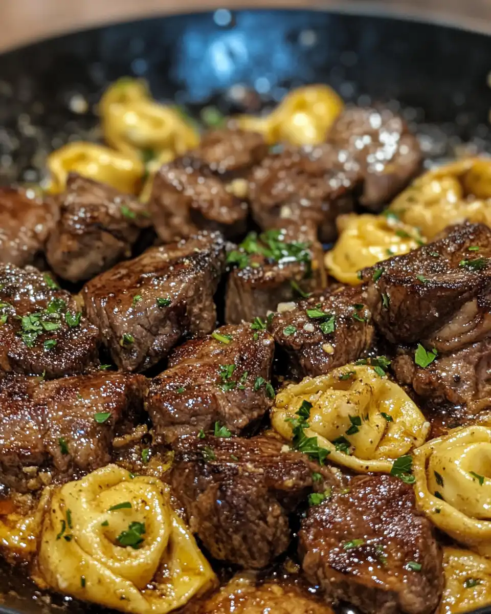 Freshly cut ingredients for cowboy butter tortellini steak bites including steak cubes, garlic, and spices