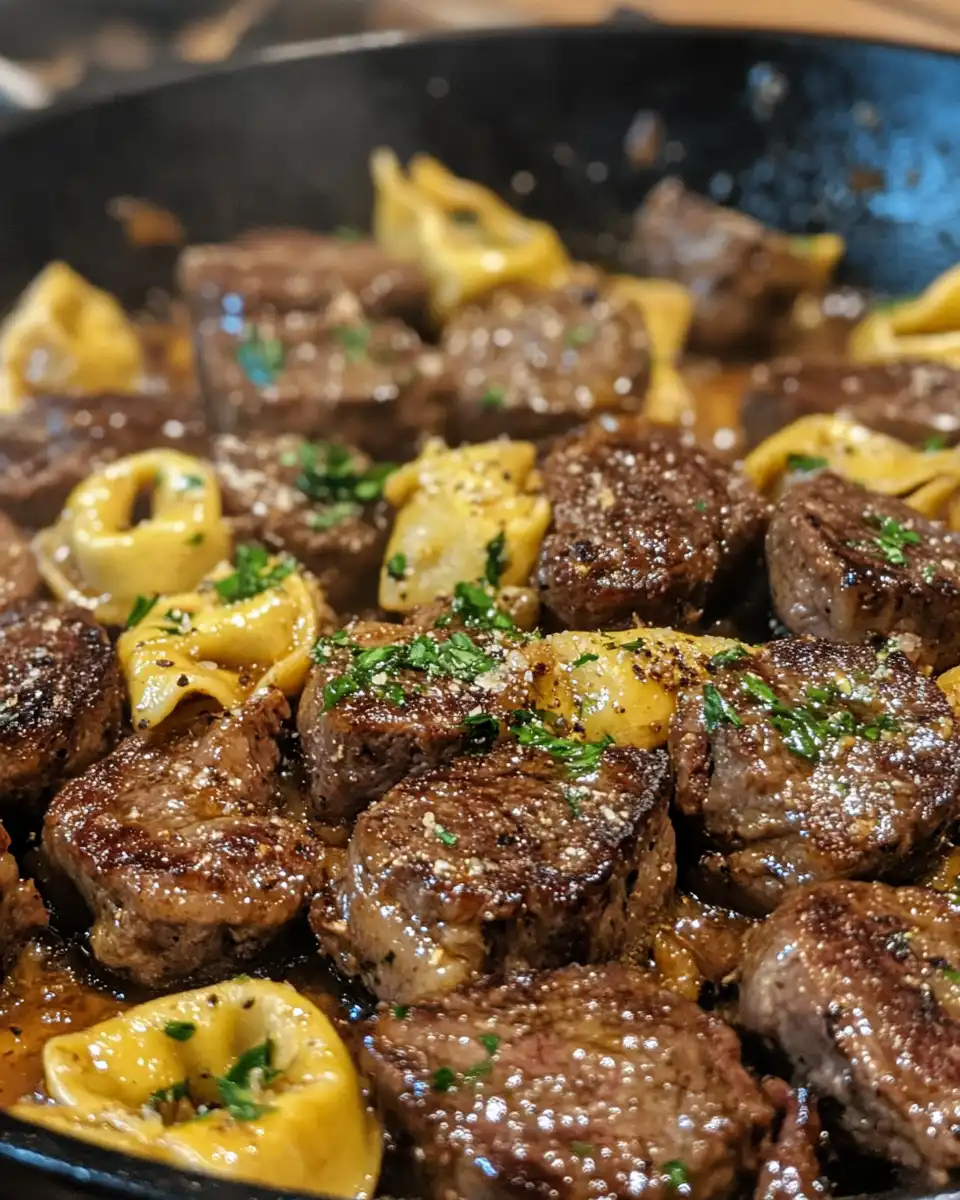 Close-up of plated cowboy butter tortellini steak bites with parsley garnish ready to serve