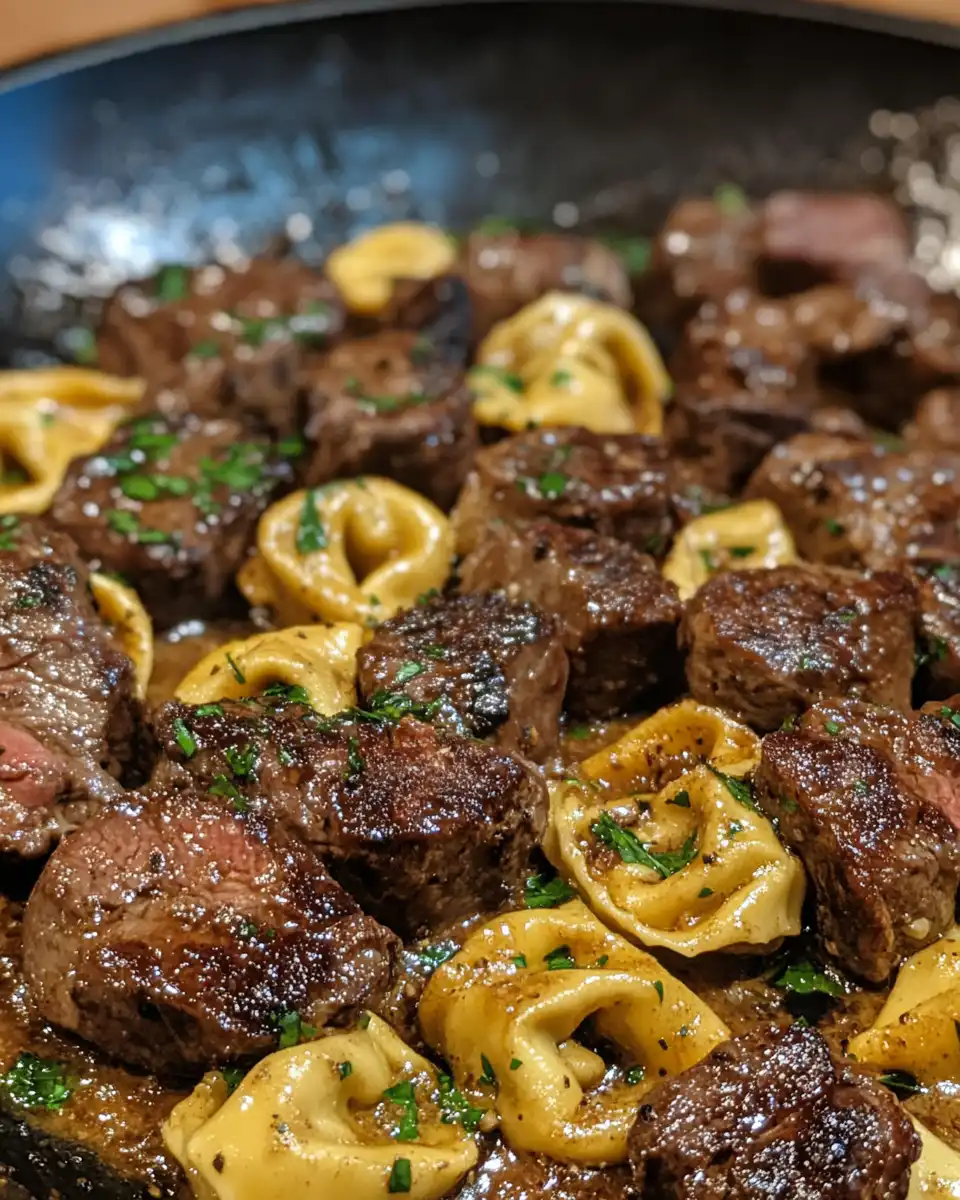 Close-up of cowboy butter tortellini steak bites steaming with rich butter and garlic sauce