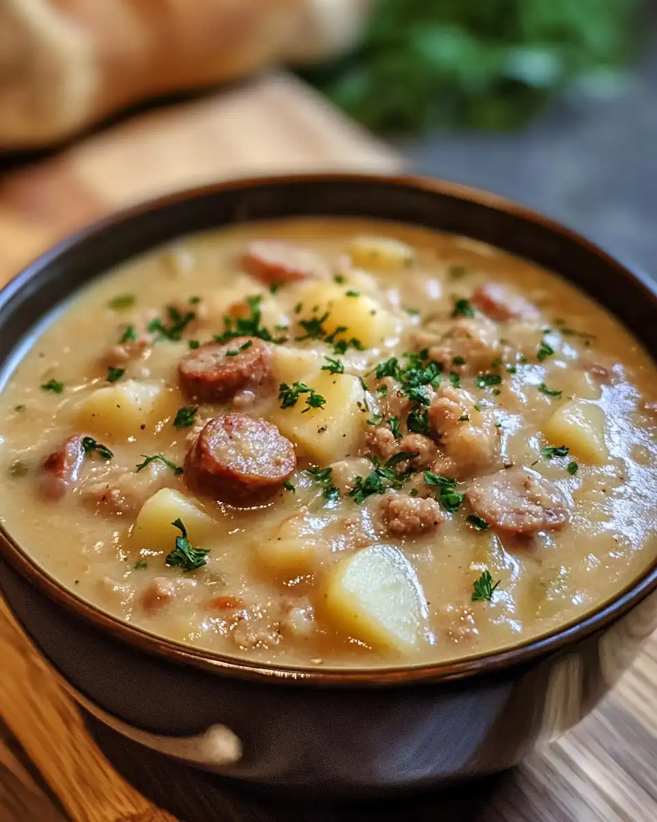 Ingredients laid out for hearty sausage and potato soup including leeks, carrots, and garlic
