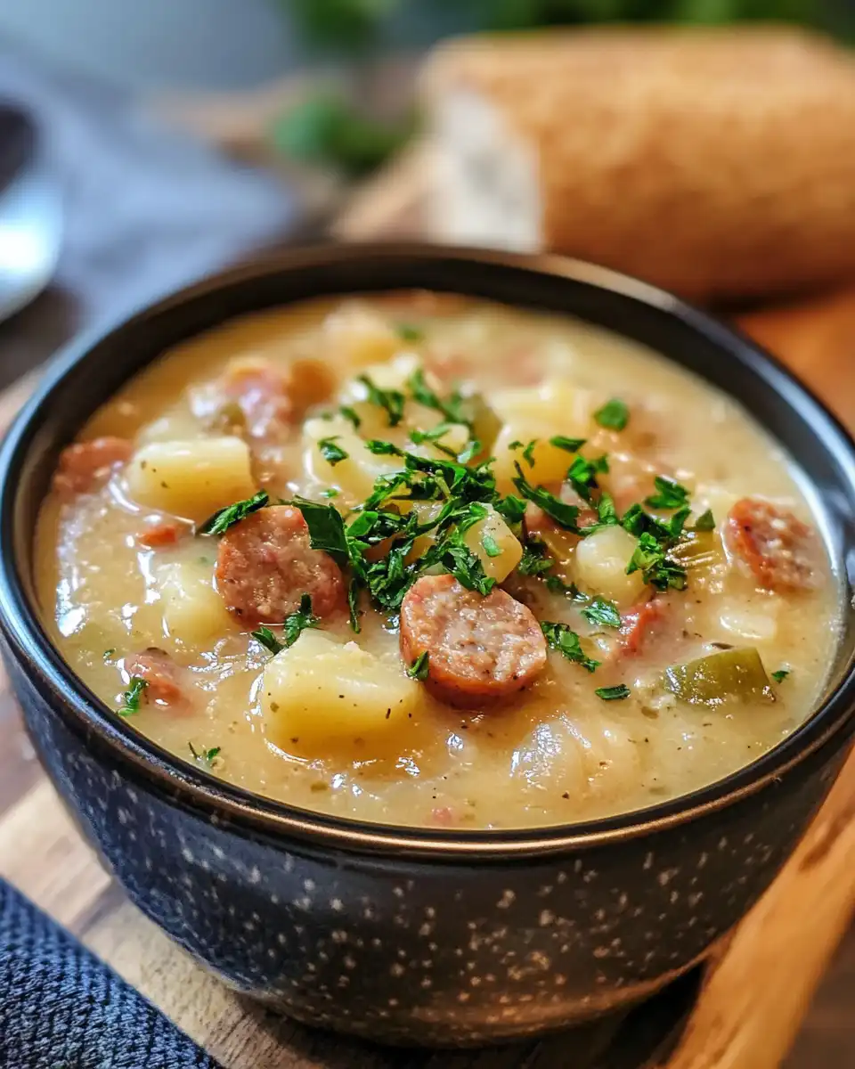 Hearty and creamy sausage and potato soup served in a bowl with a swirl of cream
