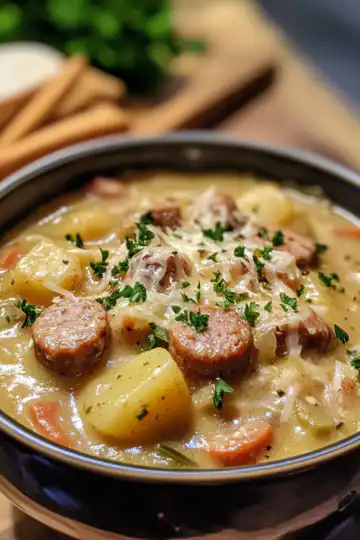 cozy crockpot potato soup with sausage hearty and delicious taken with iphone 15 pro max --iw 2 --ar 4:5 --v 6.1 --raw