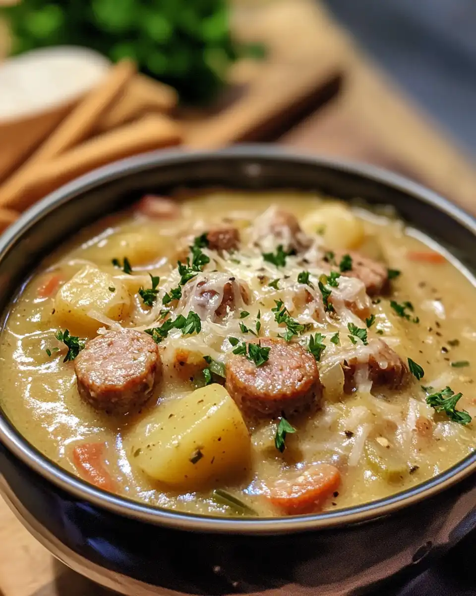 Steam rising from pressure cooker filled with hearty sausage and potato soup