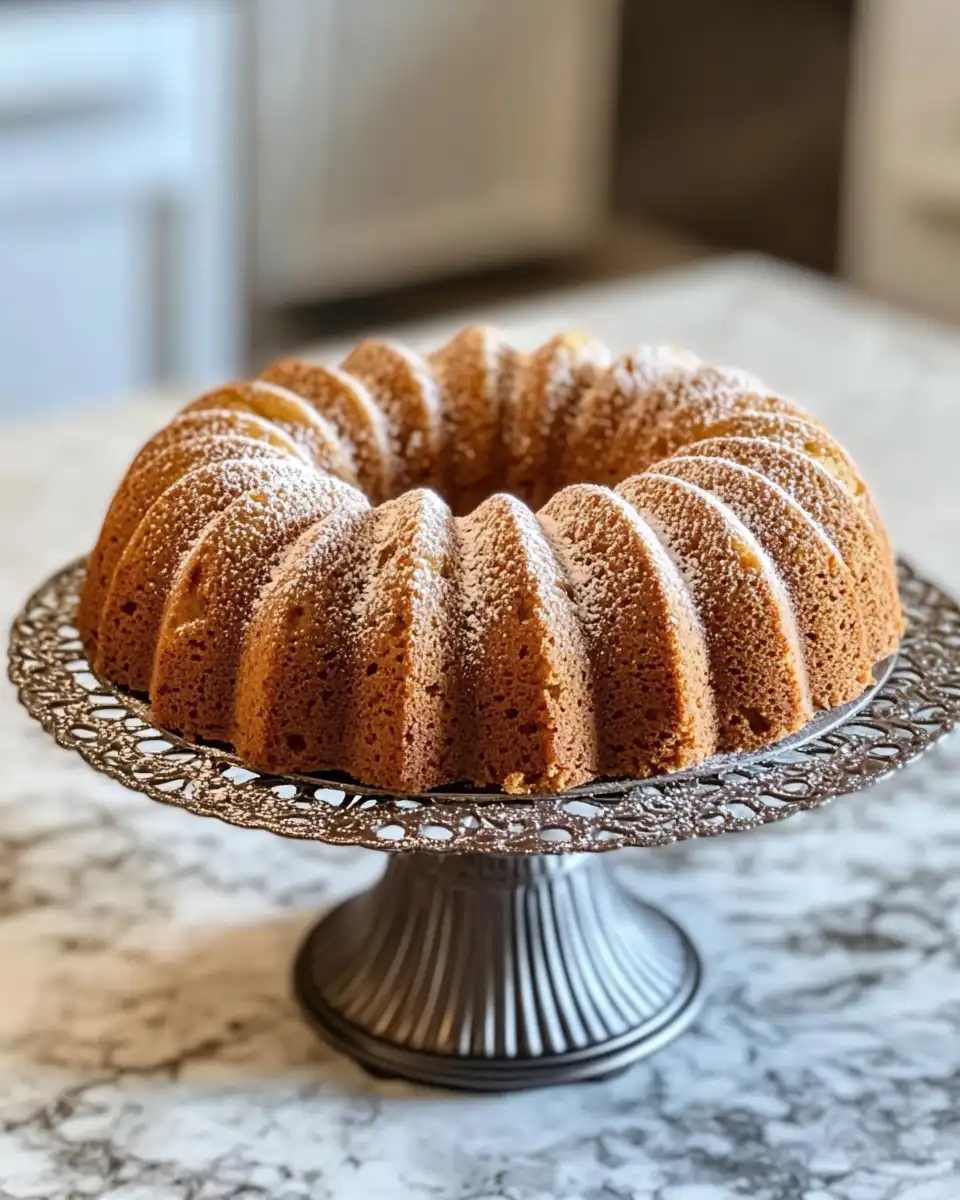 Freshly sliced apple cider bundt cake with maple cinnamon topping