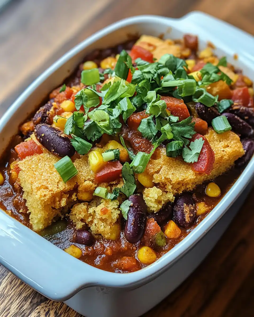 Golden crust of vegan cornbread chili casserole freshly baked and ready to serve
