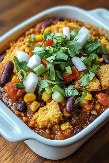 Cozy Vegan Cornbread Chili Casserole taken with iphone 15 pro max --iw 2 --ar 4:5 --v 6.1 --raw