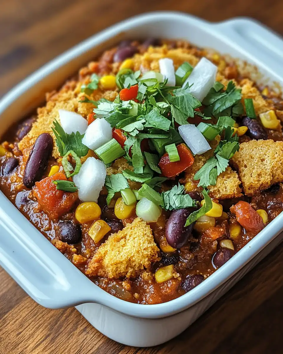 Pressure cooker with vegan cornbread chili casserole close-up in kitchen