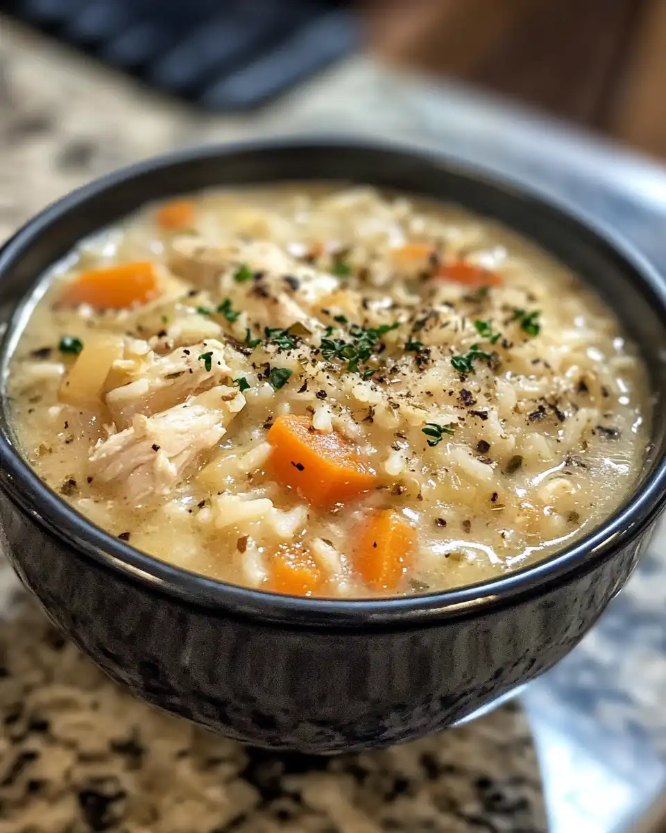 Final bowl of crack chicken and rice soup served hot and ready to enjoy