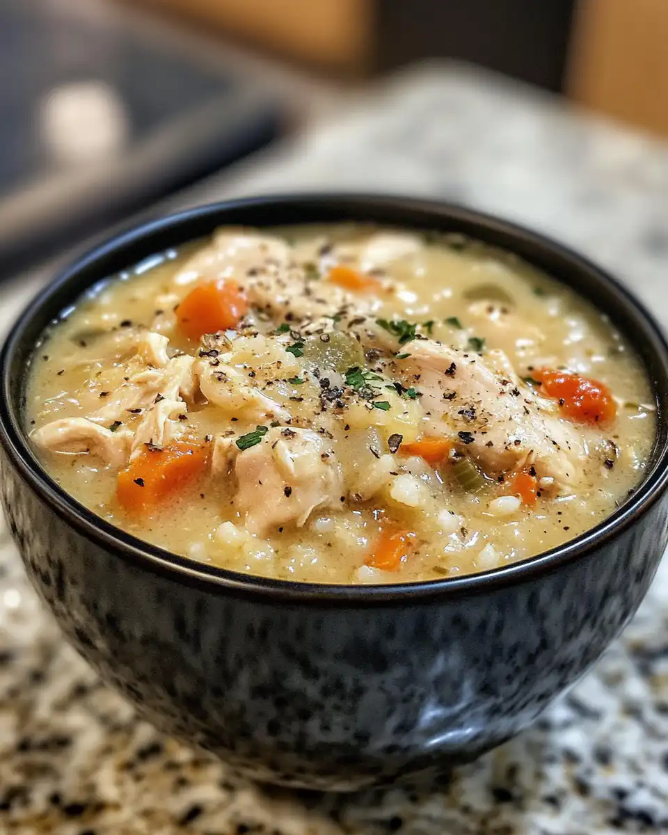 Steaming bowl of crack chicken and rice soup inviting and cozy