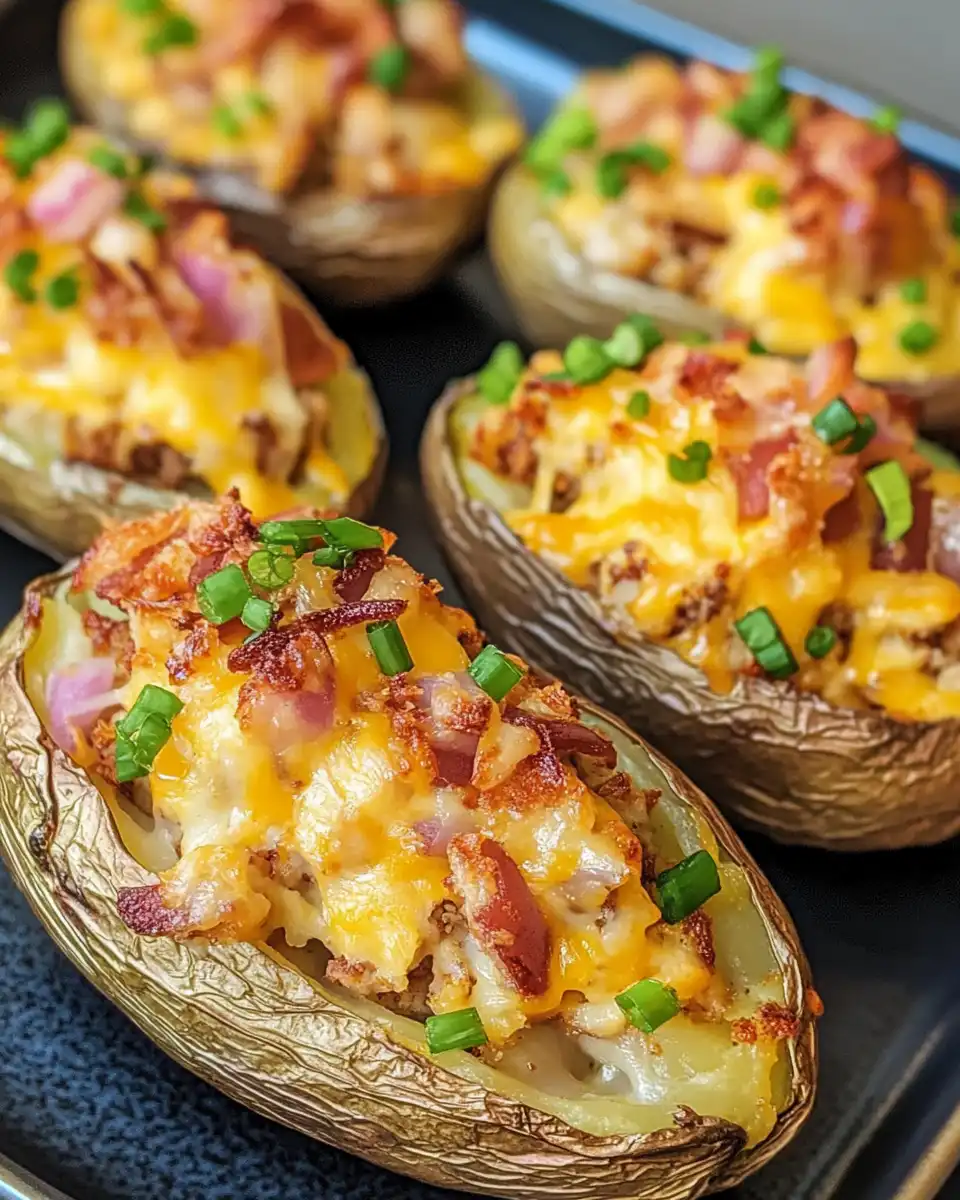 Fully baked crack chicken stuffed baked potatoes with melted cheddar topping