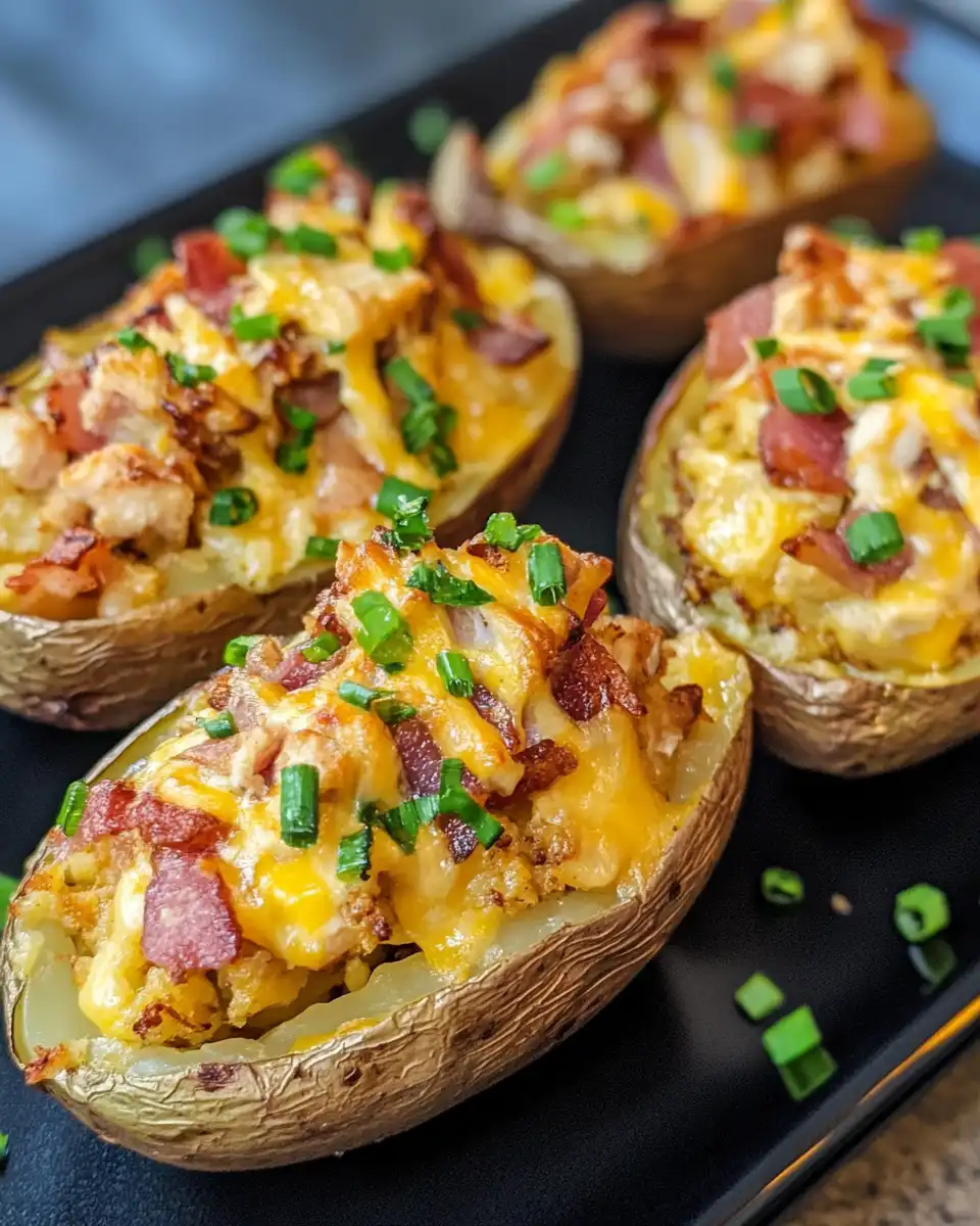 Close-up of crack chicken stuffed baked potatoes fresh out of pressure cooker