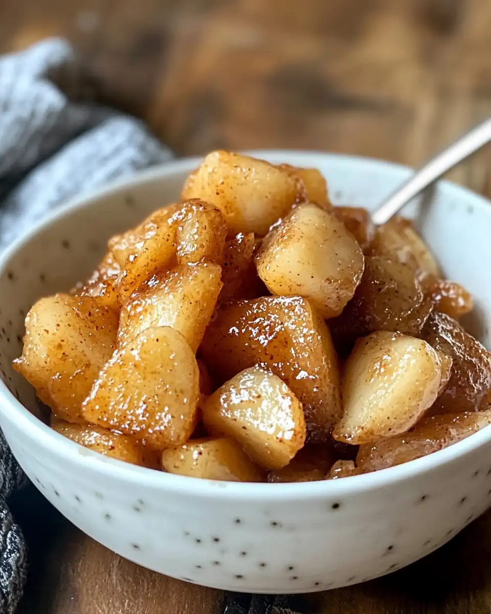 Close-up of Cracker Barrel fried apples cooking in the slow cooker