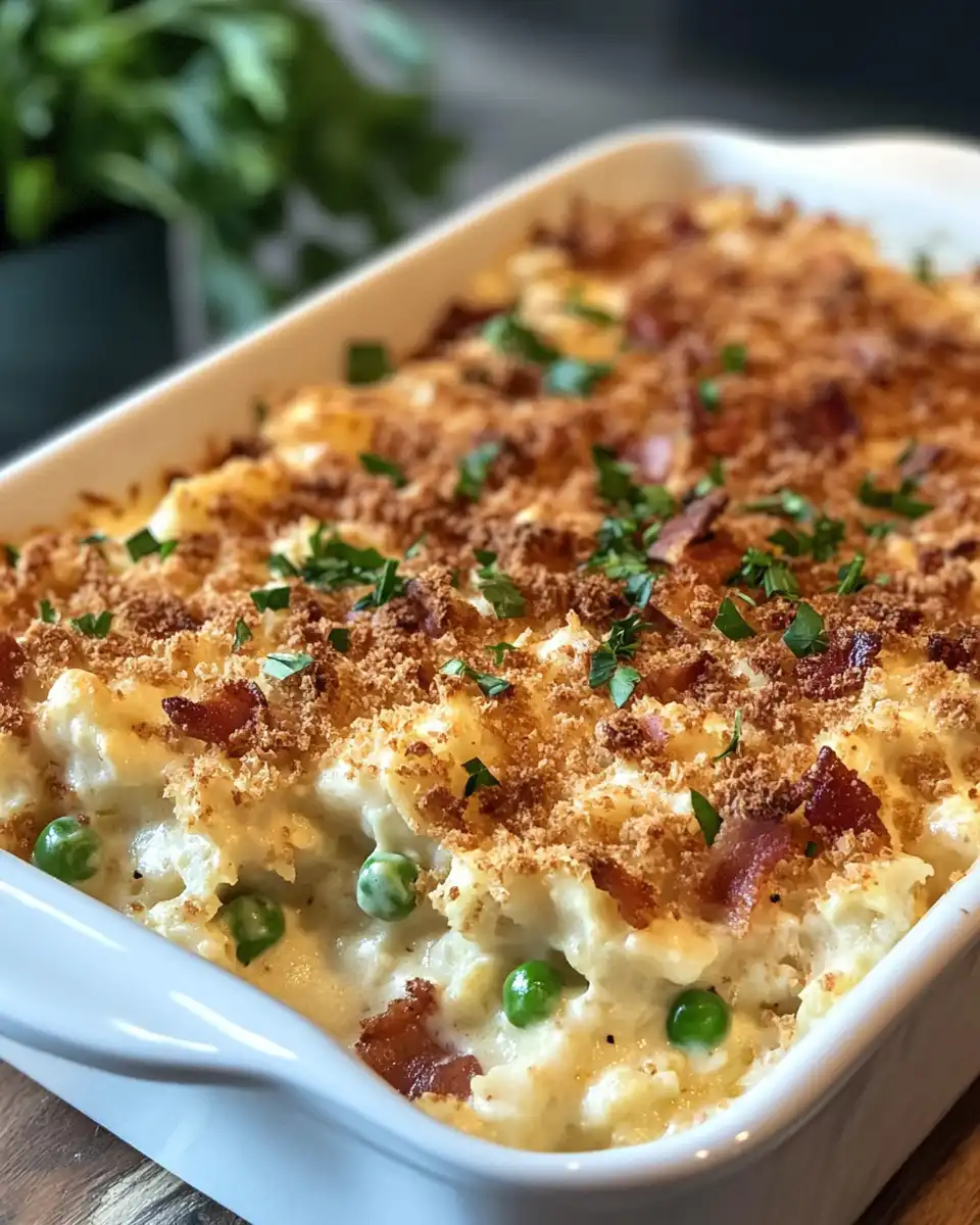 Ingredients including farfalle pasta, pancetta, onions, garlic, peas, parmesan and butter