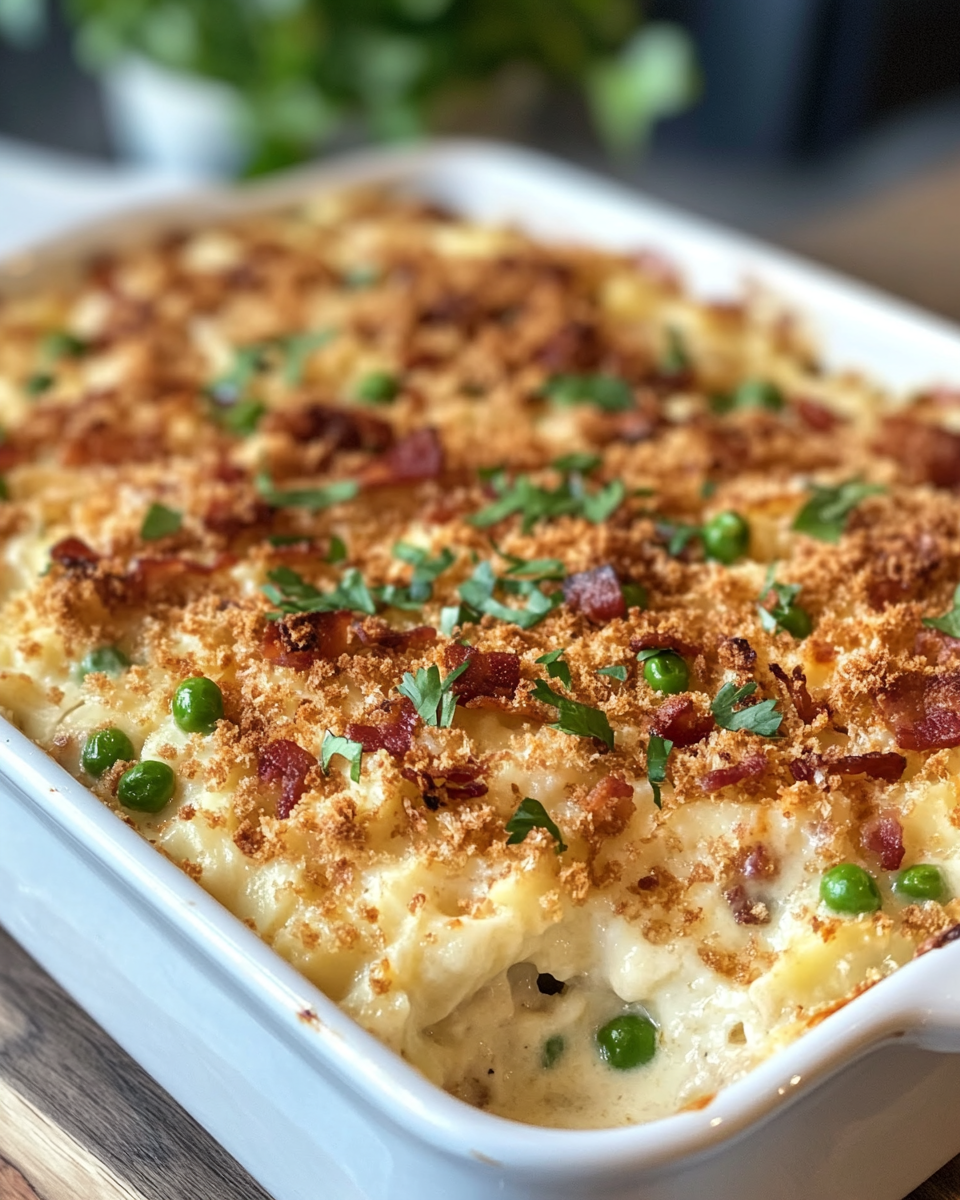 Cooked farfalle pasta with pancetta, onions, garlic and peas in creamy sauce