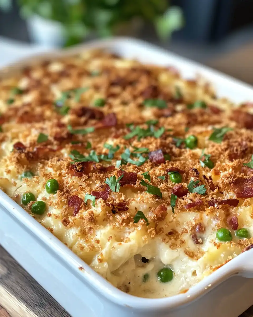 Cooked farfalle pasta with pancetta, onions, garlic and peas in creamy sauce