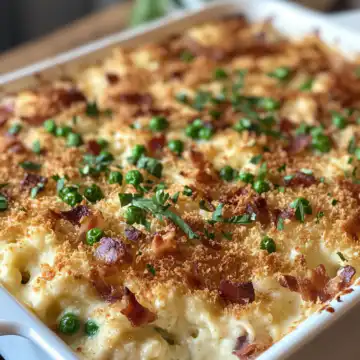 Craveable Cauliflower Alfredo Casserole Recipe With Peas & Bacon taken with iphone 15 pro max --iw 2 --ar 4:5 --v 6.1 --raw
