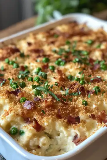 Craveable Cauliflower Alfredo Casserole Recipe With Peas & Bacon taken with iphone 15 pro max --iw 2 --ar 4:5 --v 6.1 --raw