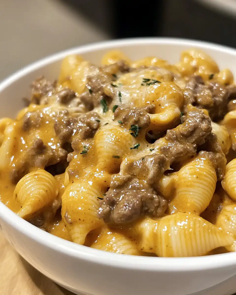 Ingredients of creamy beef and shells including tomatoes, garlic, and pasta