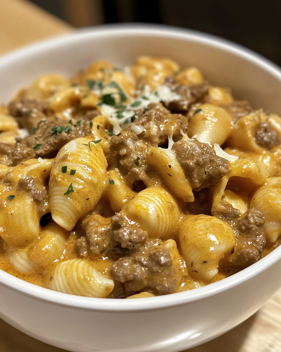 Creamy beef and shells cooking simmering in pressure cooker