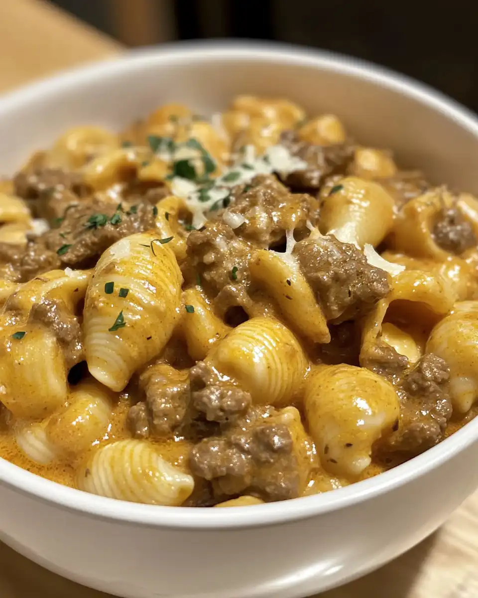 Creamy beef and shells cooking simmering in pressure cooker