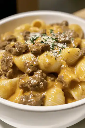 creamy beef and shells taken with iphone 15 pro max --iw 2 --ar 4:5 --v 6.1 --raw