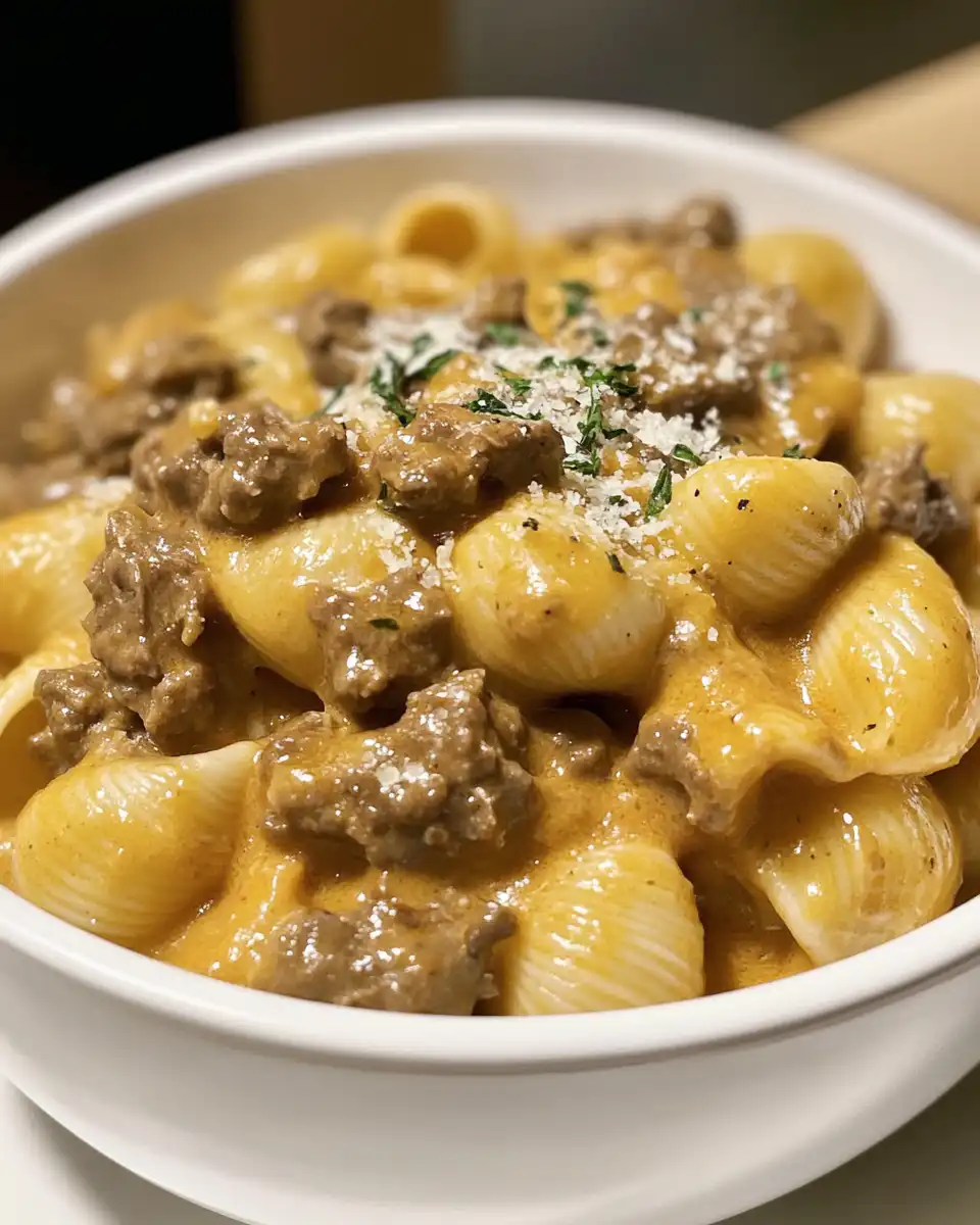 Pressure cooker with creamy beef and pasta shells cooking