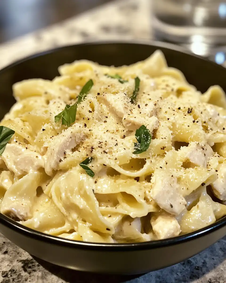 Ingredients including diced chicken, asparagus, peas, pasta and Boursin cheese arranged on kitchen counter