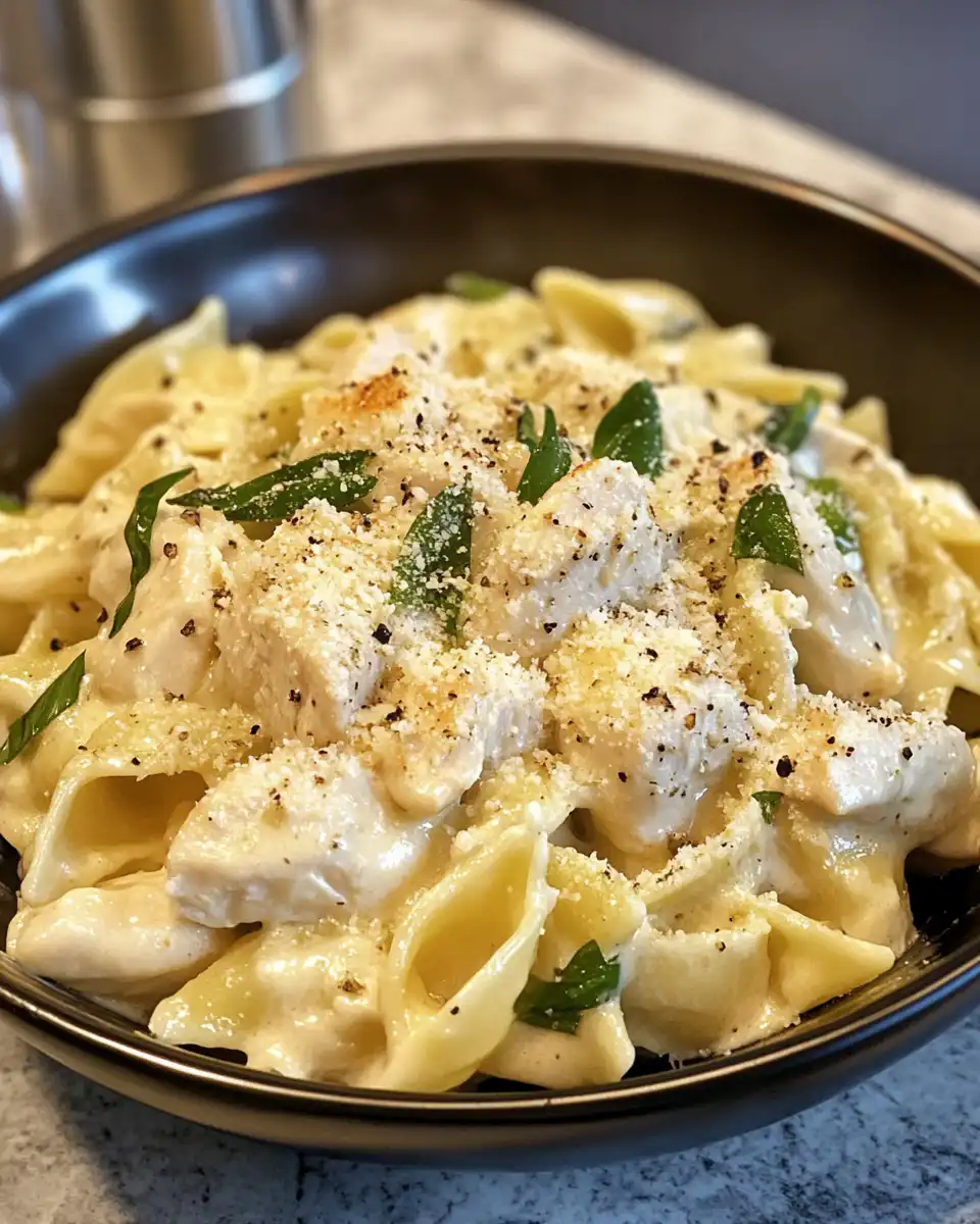 Finished creamy Boursin chicken pasta plated with fresh parsley garnish and vibrant vegetables